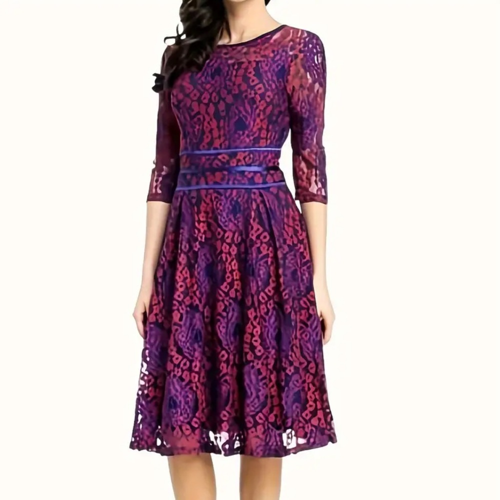 Miusol Red & Navy Lace Fit & Flare Midi Dress Size M